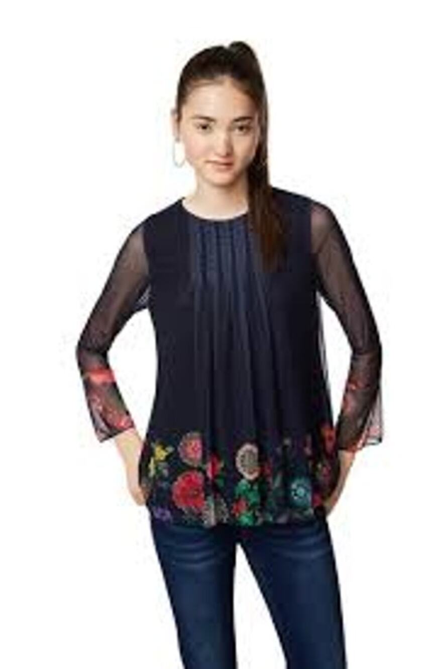 Desigual Sheer Mesh Dark Fairy Grunge Blouse Navy Swing Bell Sleeves Women Small